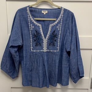 World Market Blue Embroidered Peasant Top -
